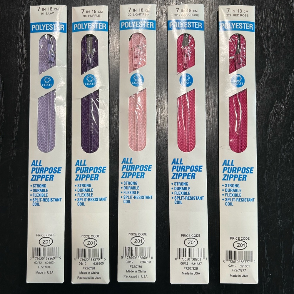 Vintage All-Purpose Polyester Zippers 7-inch - pastels Pack of 5- pink purple